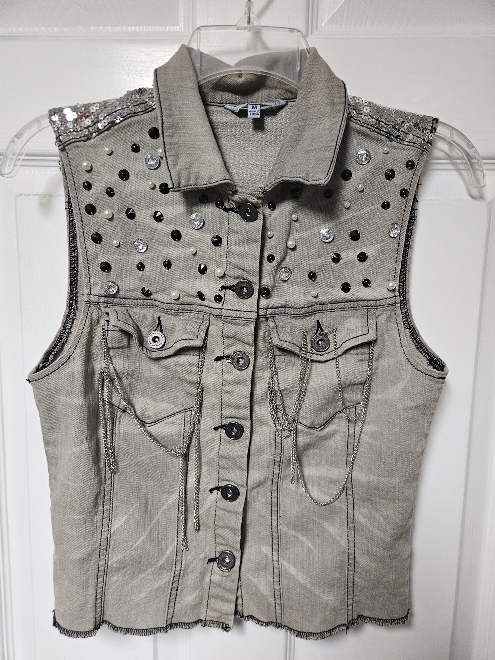 Embellished Women's Sleeveless Denim Vest - Tan